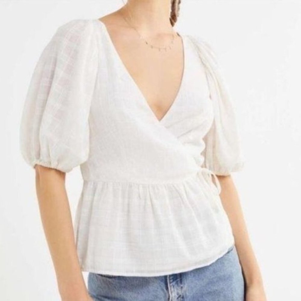 Urban Outfitters White Plaid Puff Sleeve Wrap Blouse